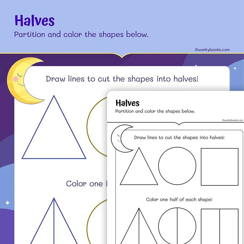 Halves — math worksheet for Grade 1, page 1 of 3