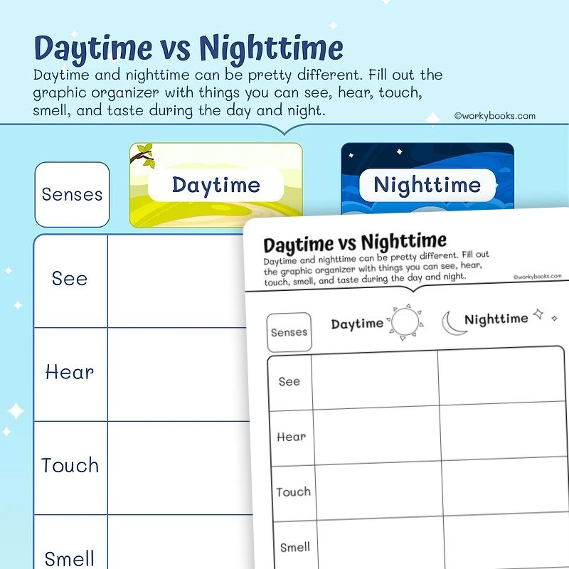 Daytime vs Nighttime—Telling Time — ela worksheet for Grade K, Grade 1, page 1 of 3