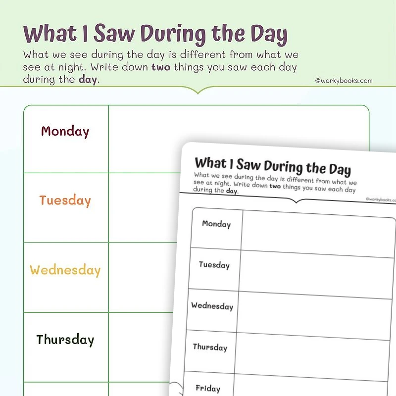 What I Saw During the Day—Graphic Organizer — ela worksheet for Grade K, Grade 1, page 1 of 3