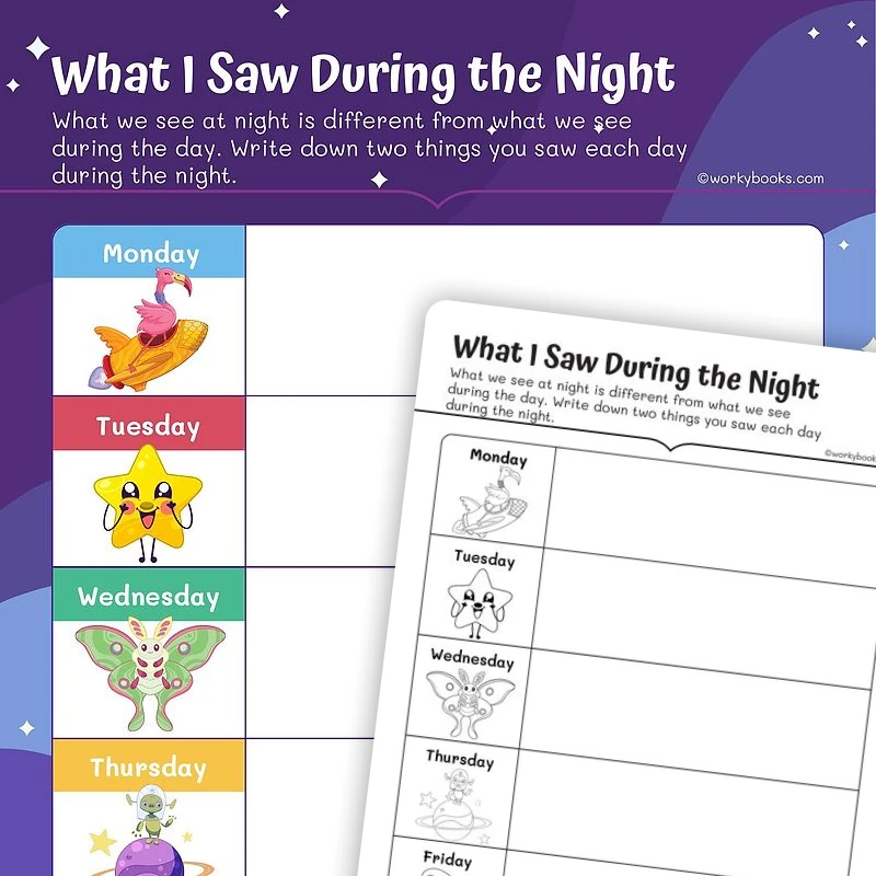 What I Saw at Night—Graphic Organizer — ela worksheet for Grade K, Grade 1, page 1 of 3