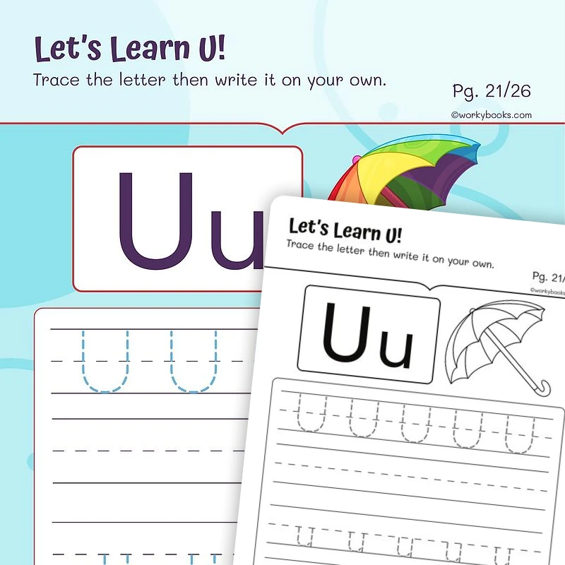 Alphabet U — ela worksheet for Grade K, Grade 1, page 1 of 3
