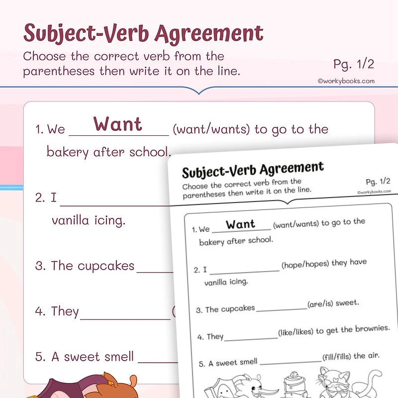 Subject Verb Agreement — ela worksheet for Grade 1, page 1 of 3