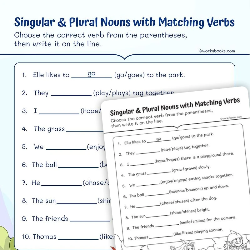 Singular & Plural Nouns with Matching Verbs — ela worksheet for Grade 1, page 1 of 3