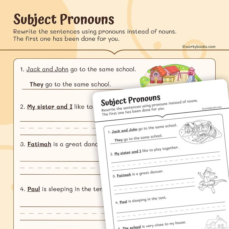 Subject Pronouns — ela worksheet for Grade 1, page 1 of 3