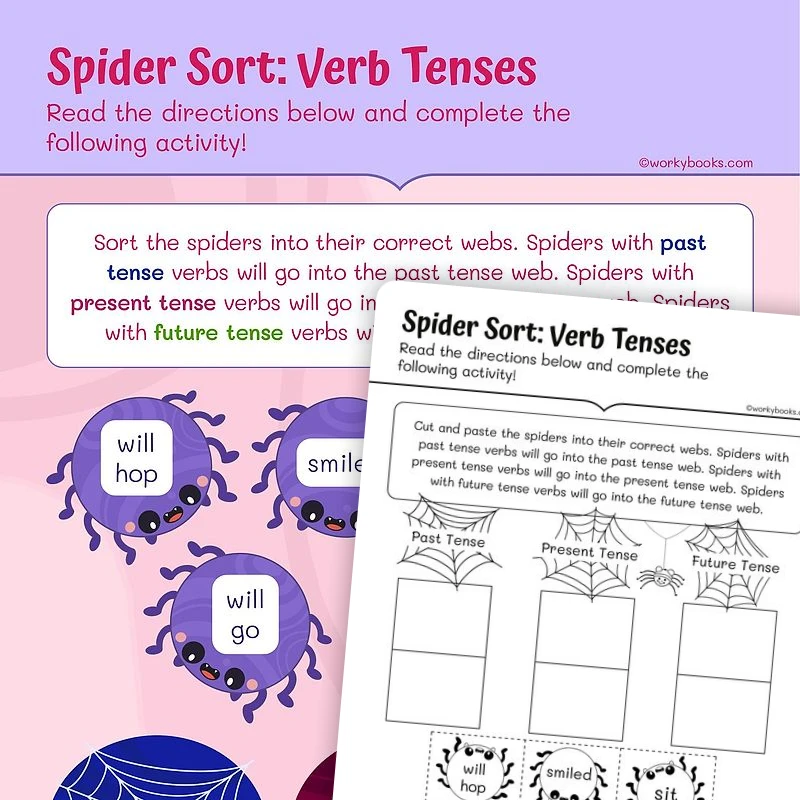 Spider Sort: Verb Tenses — ela worksheet for Grade 1, page 1 of 3