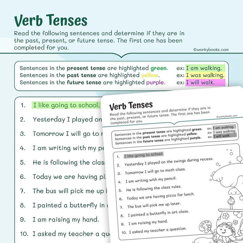 Verb Tenses — ela worksheet for Grade 1, page 1 of 3