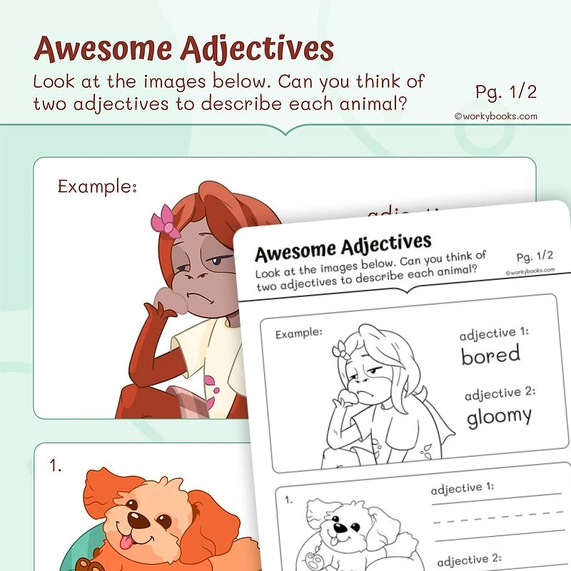 Adjectives — ela worksheet for Grade 1, page 1 of 3