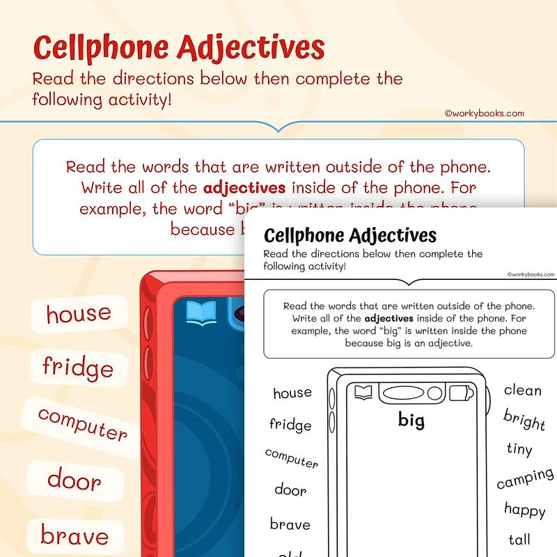 Cellphone Adjectives — ela worksheet for Grade 1, page 1 of 3