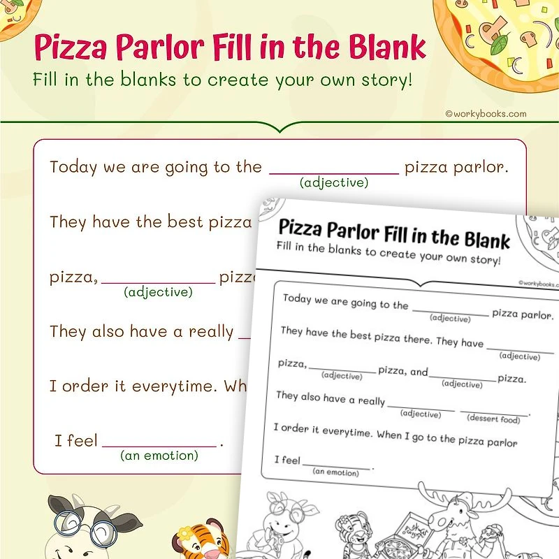 Frequently used Adjectives in Pizza Parlor — ela worksheet for Grade 1, page 1 of 3
