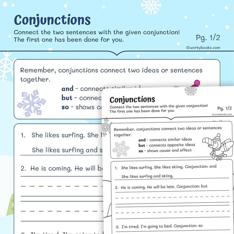 Conjunction Sentence — ela worksheet for Grade 1, page 1 of 3