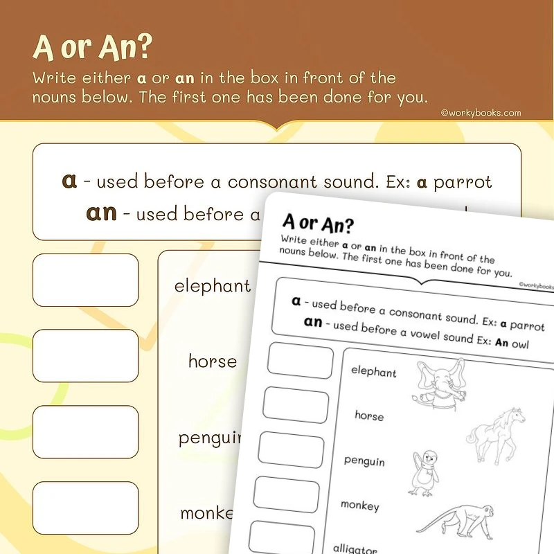A or An? — ela worksheet for Grade 1, page 1 of 3