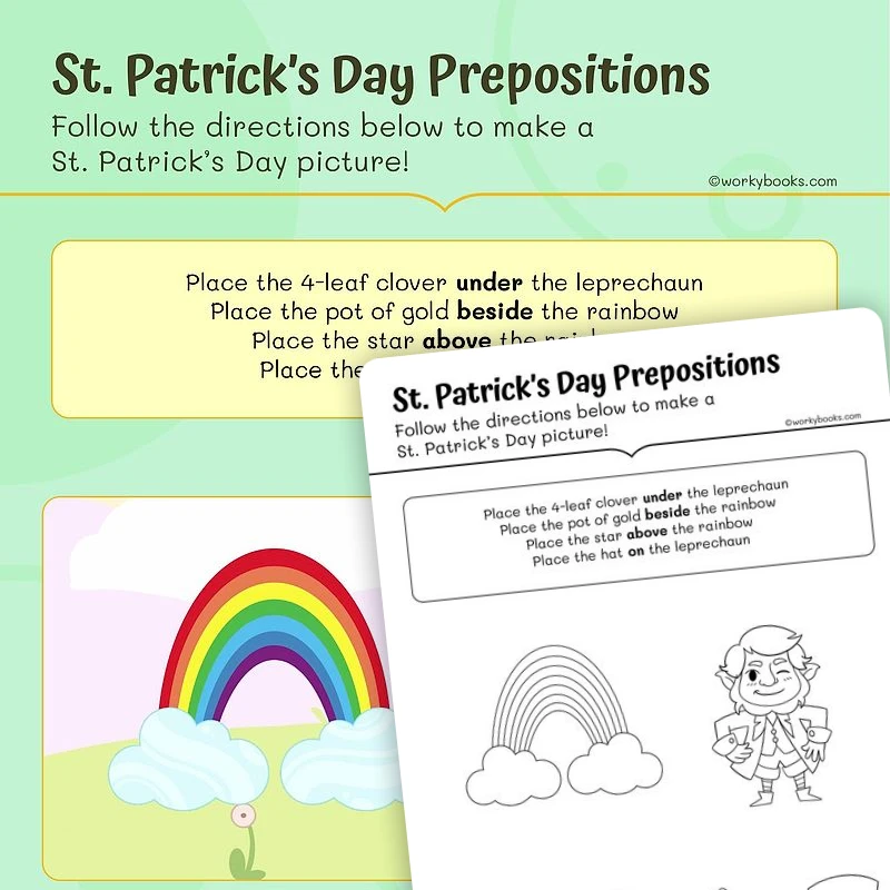 St. Patrick’s Day Prepositions — ela worksheet for Grade 1, page 1 of 3