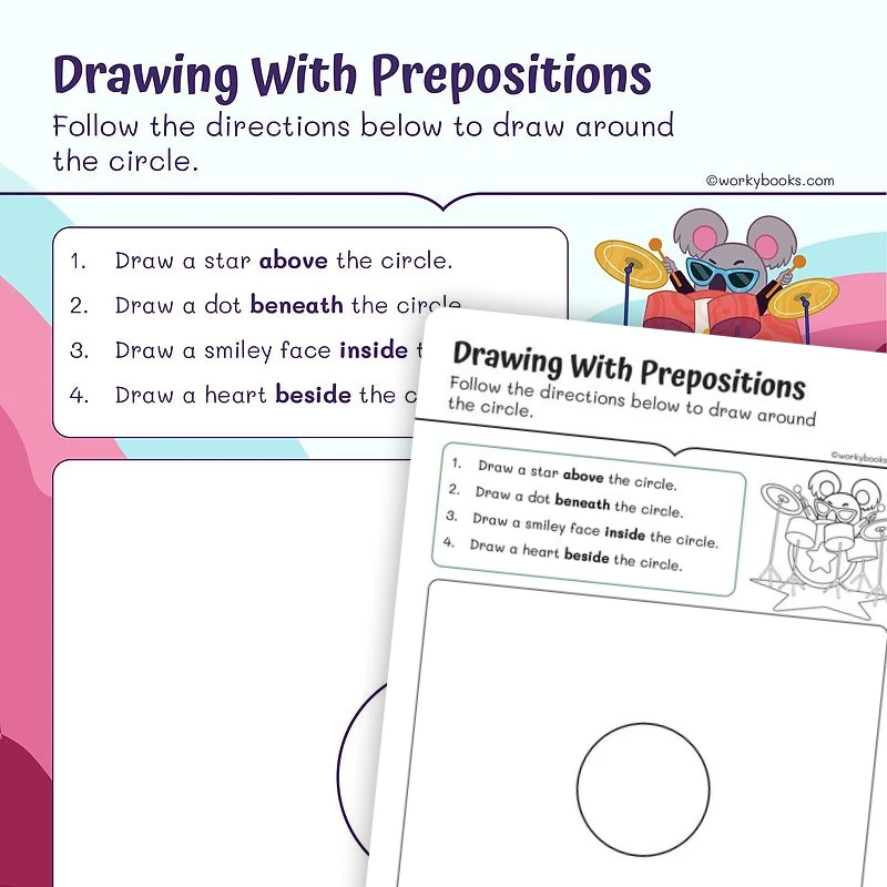 Preposition Drawing Activity — ela worksheet for Grade 1, page 1 of 3