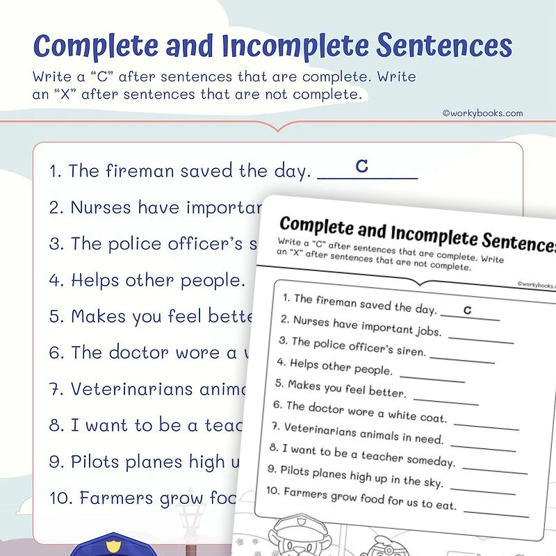Complete and Incomplete Sentences — ela worksheet for Grade 1, page 1 of 3
