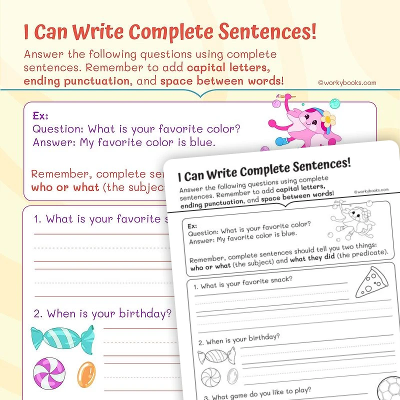 I Can Write Complete Sentences — ela worksheet for Grade 1, page 1 of 3