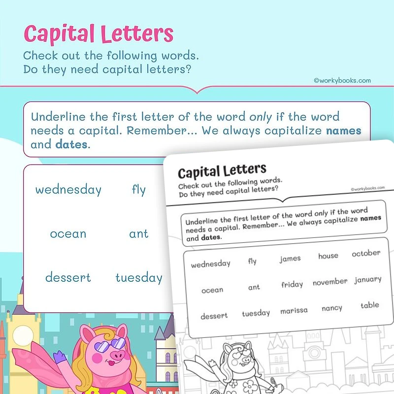 Capital Letters — ela worksheet for Grade 1, page 1 of 3