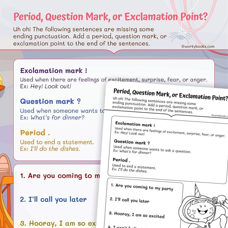 Period, Question Mark, or Exclamation Point? — ela worksheet for Grade 1, page 1 of 3