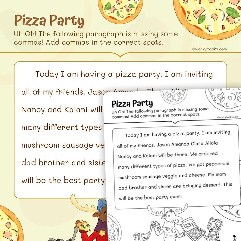 Pizza Party—Comma Practice — ela worksheet for Grade 1, page 1 of 3