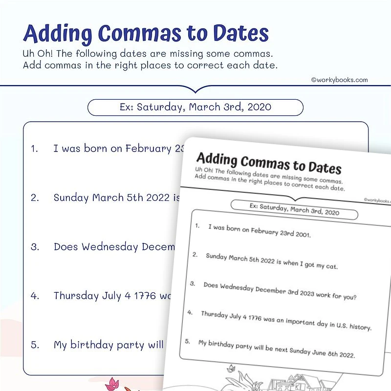 Adding Commas to Dates — ela worksheet for Grade 1, page 1 of 3