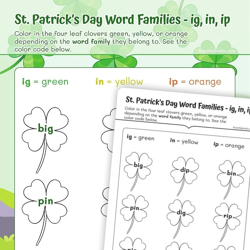 St. Patrick's Day Word Families — ig, in, ip — ela worksheet for Grade 1, page 1 of 3