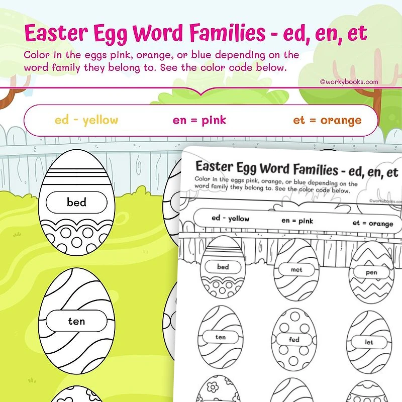 Easter Egg Word Families — ed, en, et — ela worksheet for Grade 1, page 1 of 3