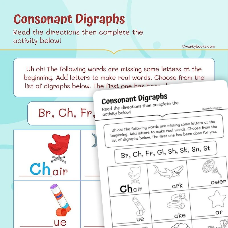 Consonant Digraphs - Spelling Practice — ela worksheet for Grade 1, page 1 of 3