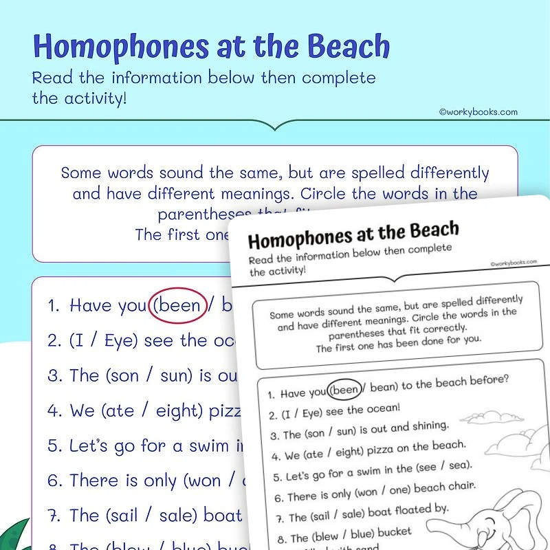 Homophones at the Beach — ela worksheet for Grade 1, page 1 of 3