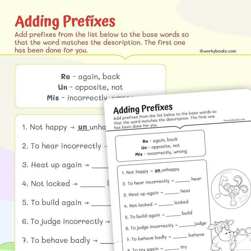 Affixes -re, -un, and -mis — ela worksheet for Grade 1, page 1 of 3
