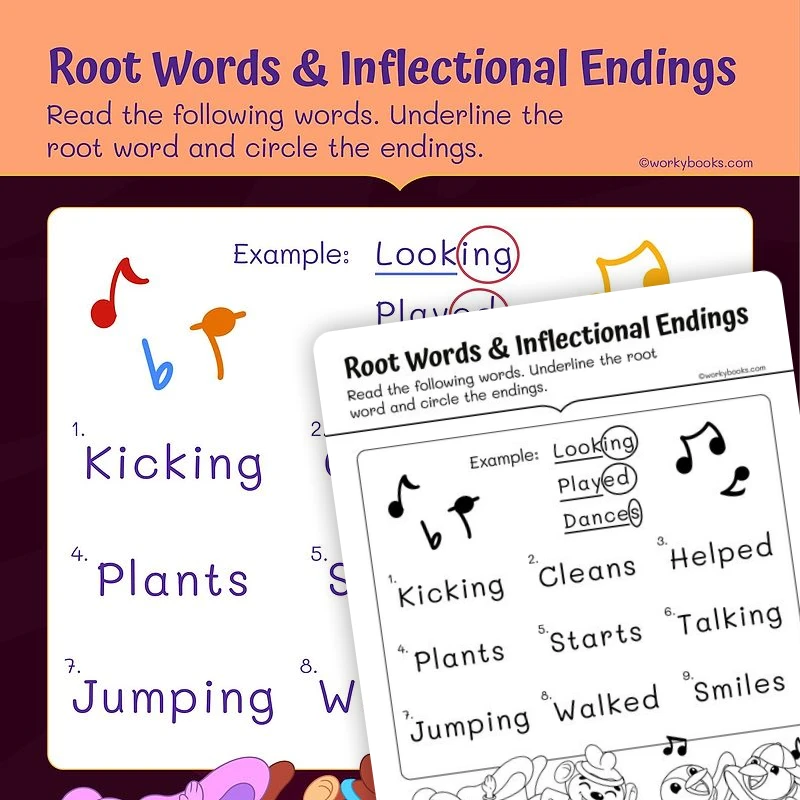 Root Words & Inflectional Endings — ela worksheet for Grade 1, page 1 of 3