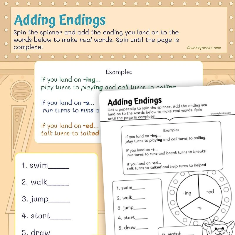 Adding Endings — ela worksheet for Grade 1, page 1 of 3