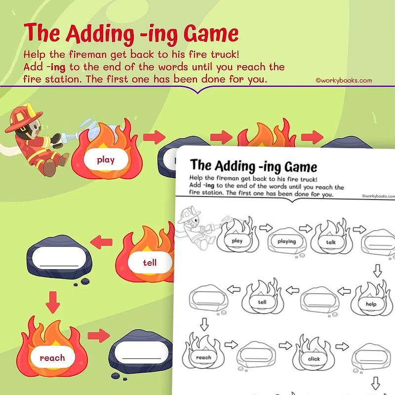 The Adding—ing Game — ela worksheet for Grade 1, page 1 of 3