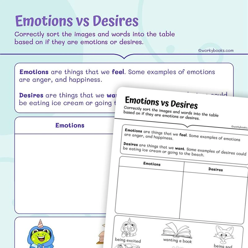 Emotions vs Desires—Vocabulary — ela worksheet for Grade 1, page 1 of 3
