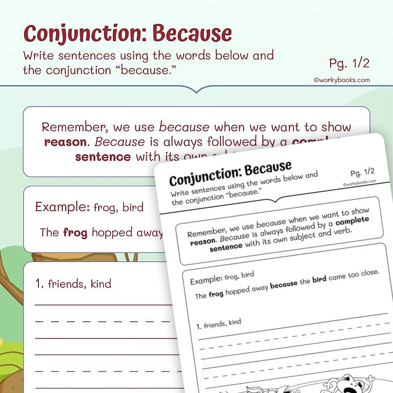 Combine Sentences with Because — ela worksheet for Grade 1, page 1 of 3