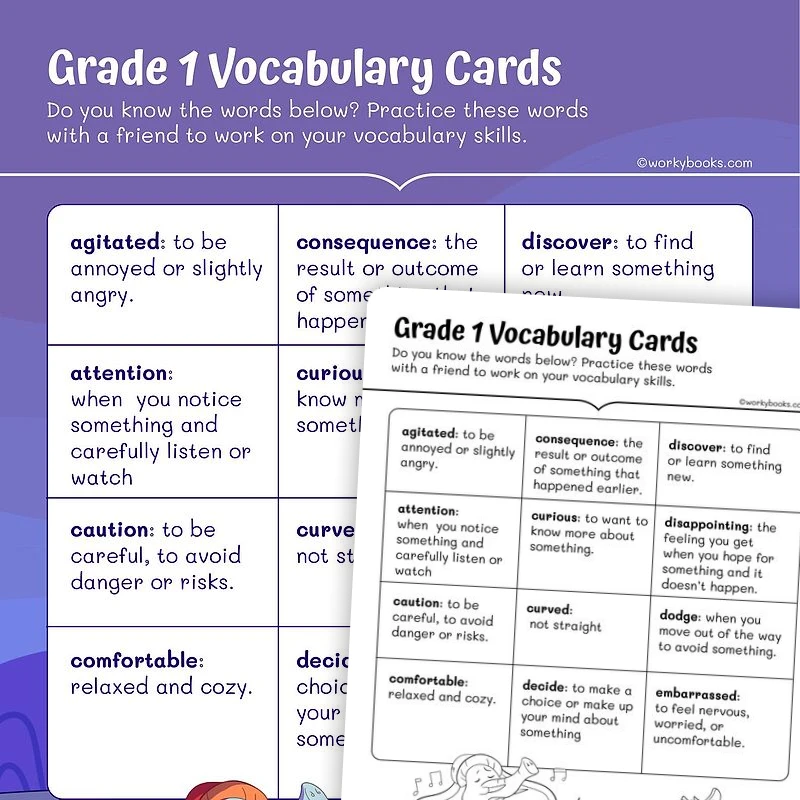 Grade 1 Vocabulary Cards — ela worksheet for Grade 1, page 1 of 3