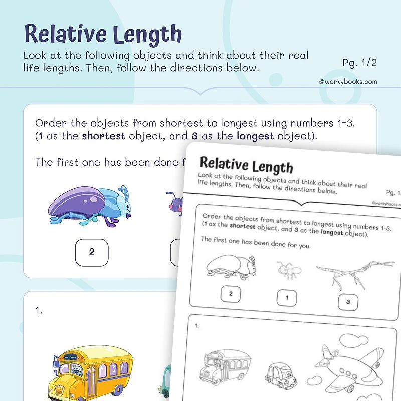 Relative length — math worksheet for Grade 1, page 1 of 3