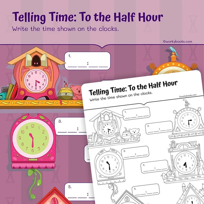 Telling Time: To the Half Hour — math worksheet for Grade 1, page 1 of 3