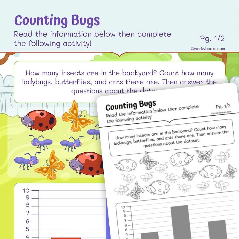Counting Bugs — math worksheet for Grade 1, page 1 of 3