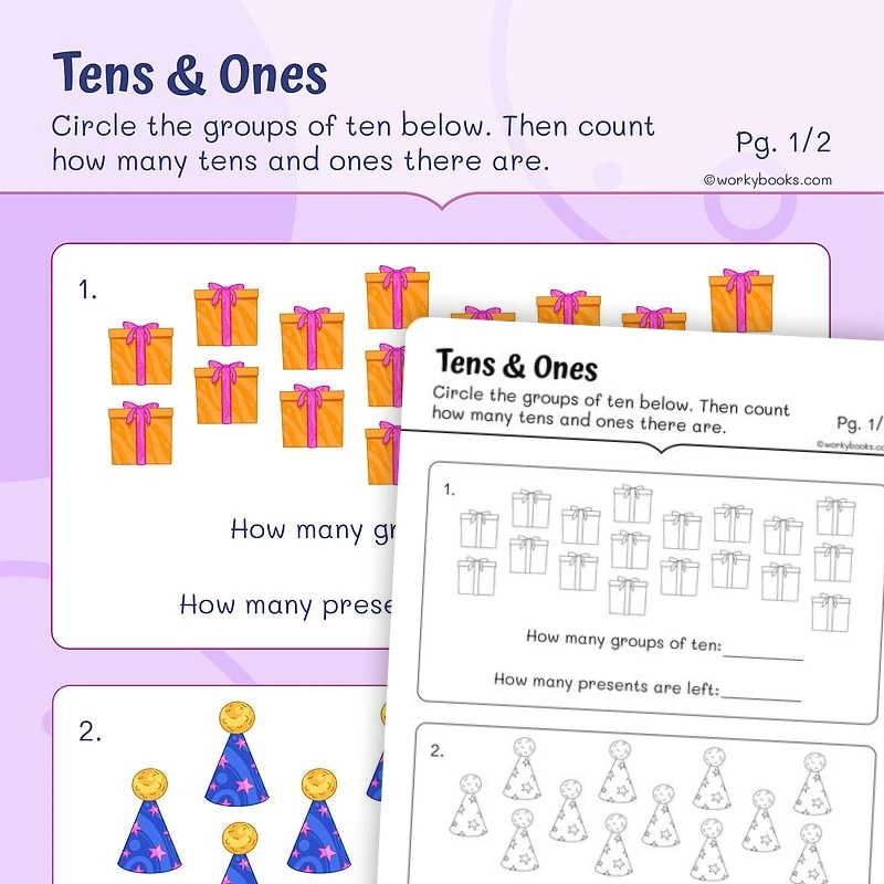 Tens & Ones —Number Sense — math worksheet for Grade 1, page 1 of 3