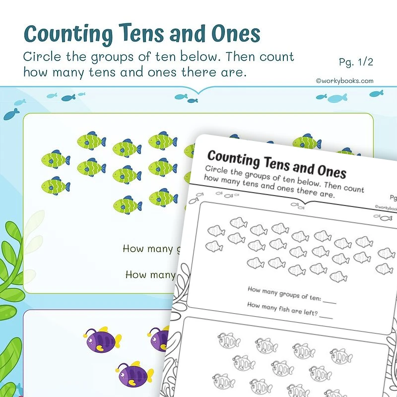Counting Tens and Ones—Number Sense — math worksheet for Grade 1, page 1 of 3