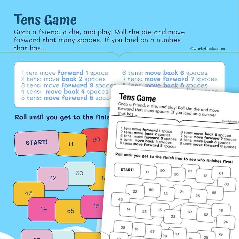 Tens Game—Board Game — math worksheet for Grade 1, page 1 of 3