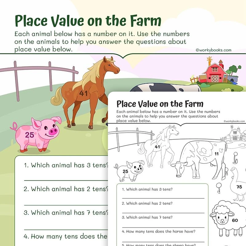 Place Value on the Farm—Number Sense — math worksheet for Grade 1, page 1 of 3