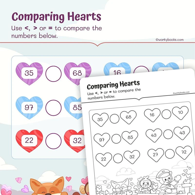 Comparing Numbers —Hearts — math worksheet for Grade 1, page 1 of 3