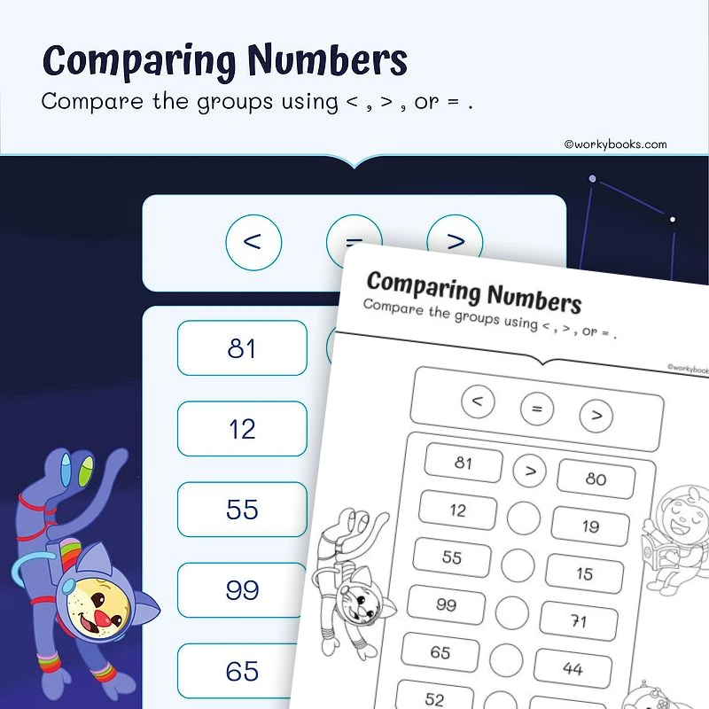 Comparing Two Digit Numbers — math worksheet for Grade 1, page 1 of 3