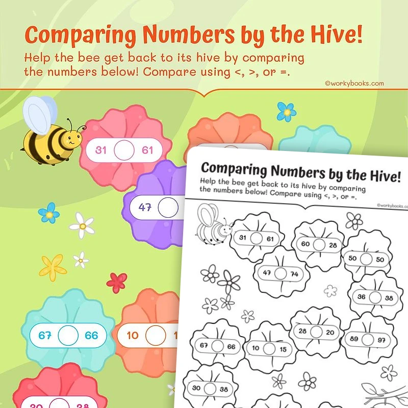 Comparing Numbers by the Hive! — math worksheet for Grade 1, page 1 of 3