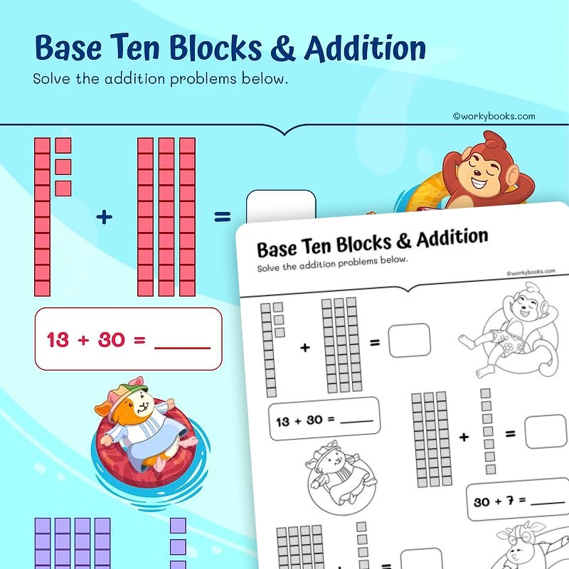 Base Ten Blocks and Addition — math worksheet for Grade 1, page 1 of 3