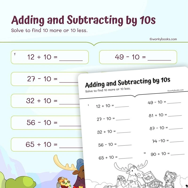 Adding and Subtracting by 10s — math worksheet for Grade 1, page 1 of 3