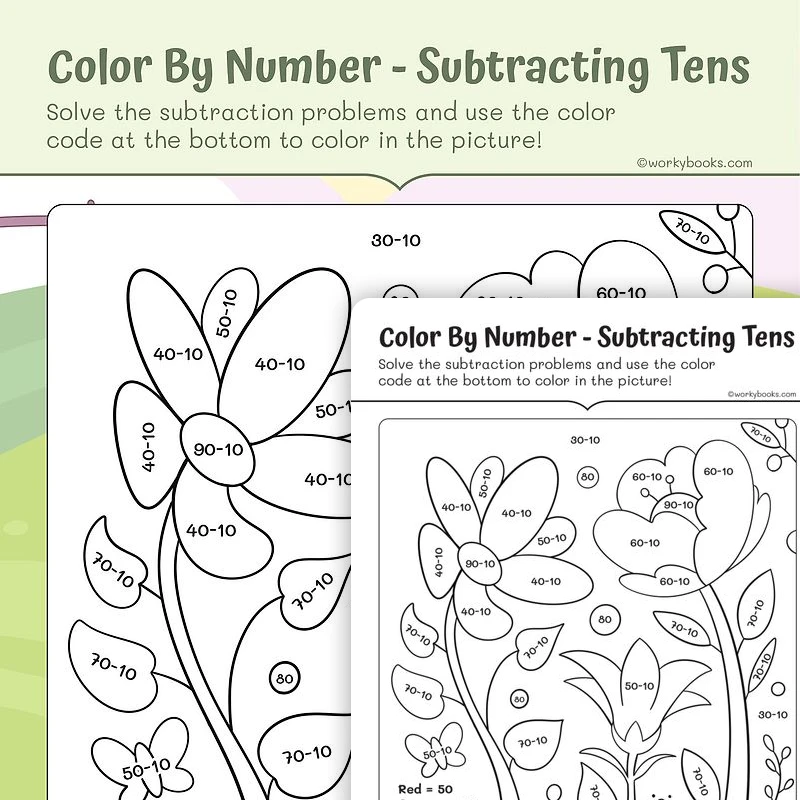 Subtraction from 10 Color By Number — math worksheet for Grade 1, page 1 of 3