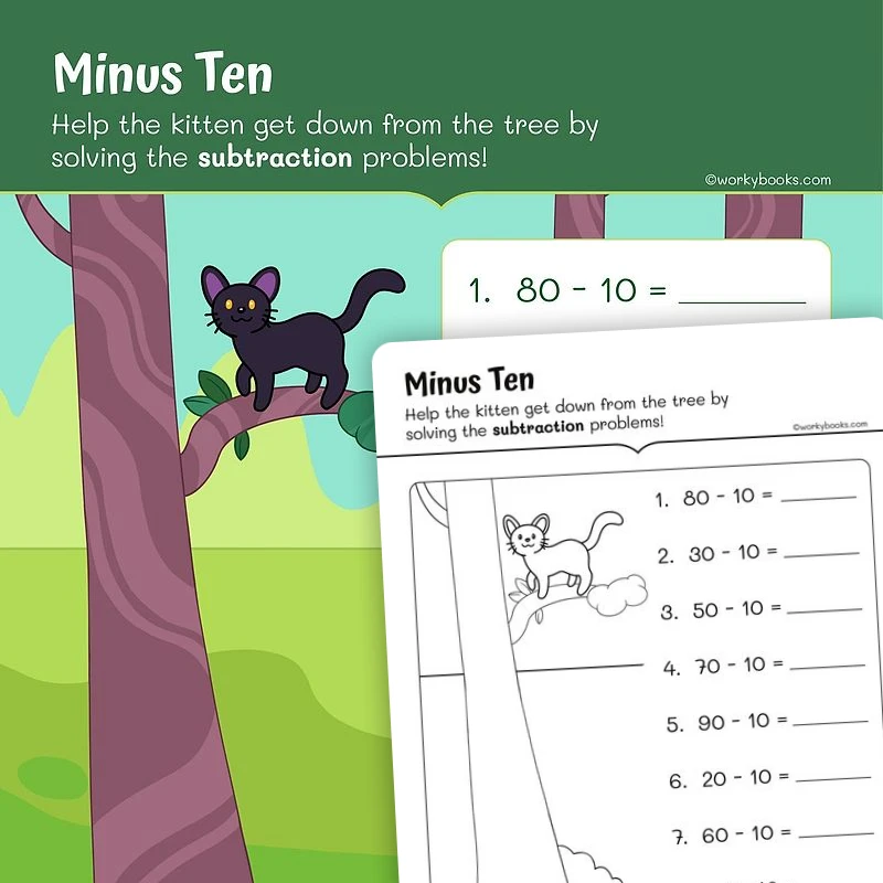 Minus 10— Subtraction — math worksheet for Grade 1, page 1 of 3