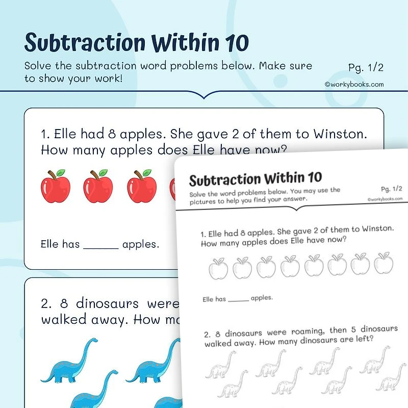 Subtraction Within 10 — math worksheet for Grade 1, page 1 of 3