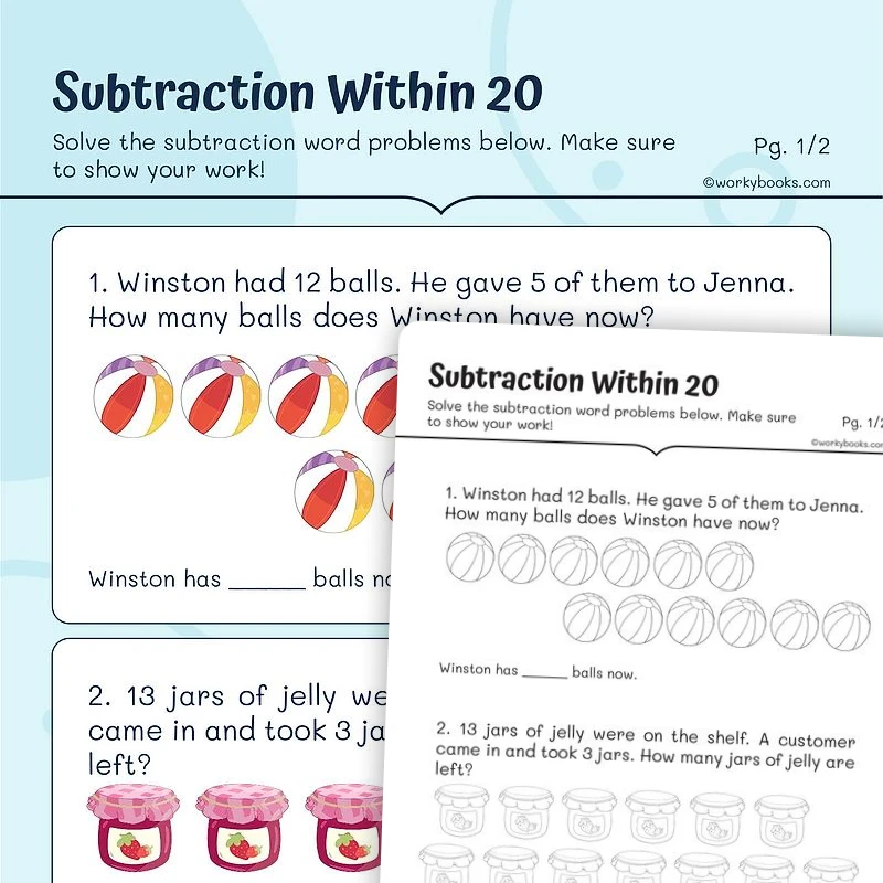 Subtraction Within 20 — math worksheet for Grade 1, page 1 of 3